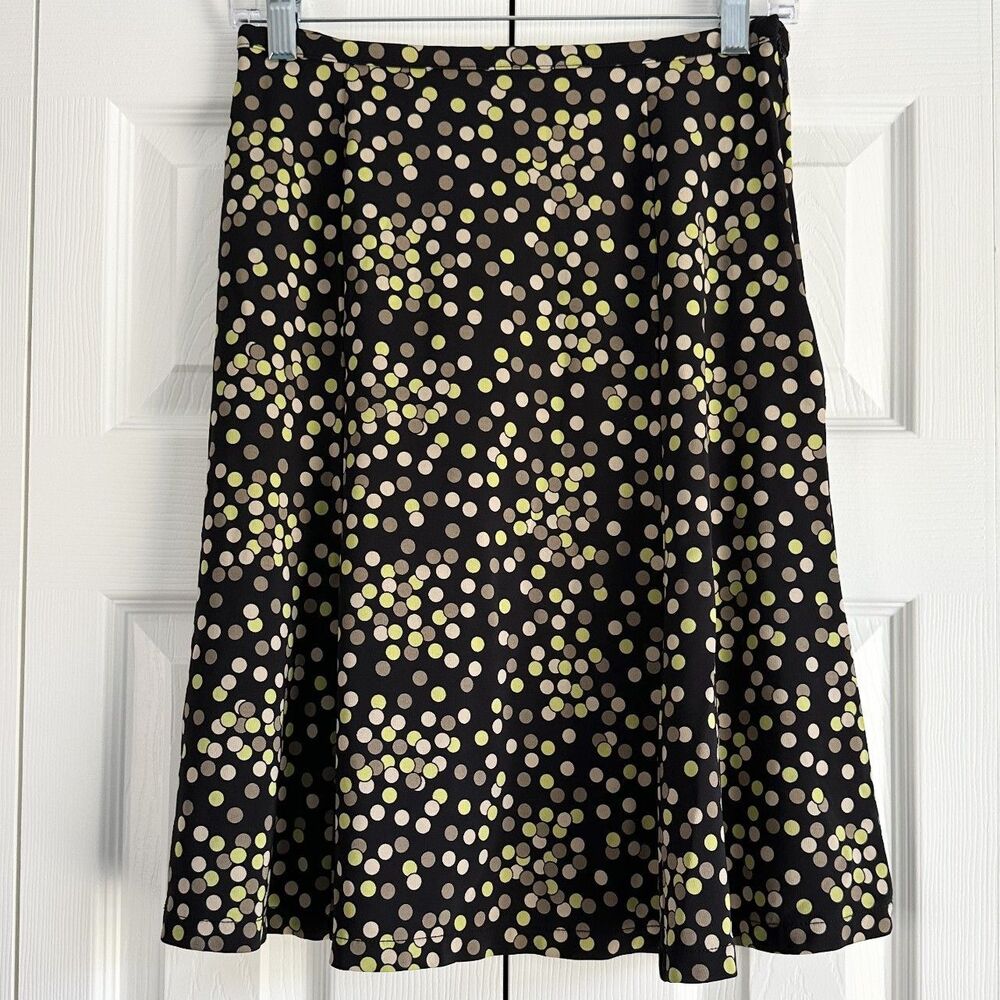 Talbots Skirt Size P/XS Black Brown Green Polka Dot Stretch Flare